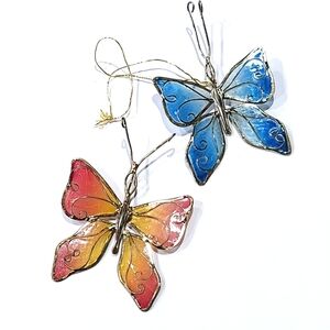 Rare Set of Iridescent Stained Glass Butterflies Gold wire details 3"